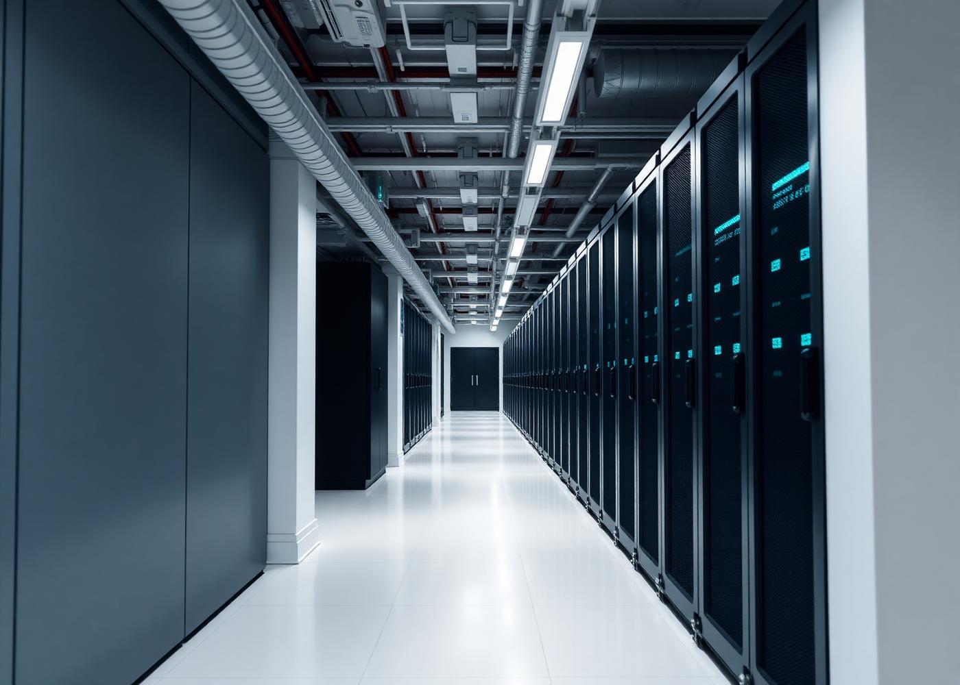 Data centre corridor lined with server racks and status indicator lights