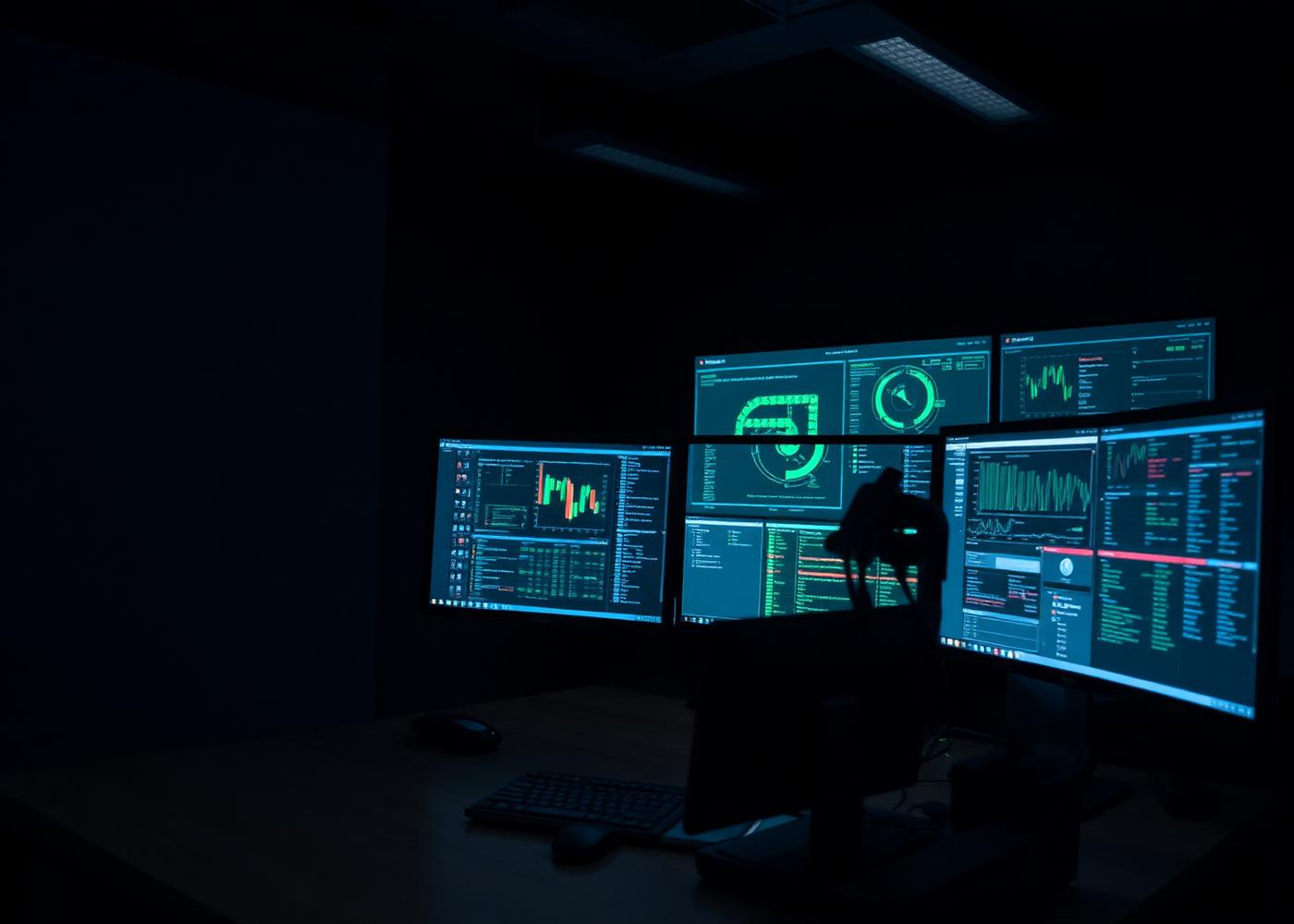 Security operations workstation with network monitoring dashboards in a dark room