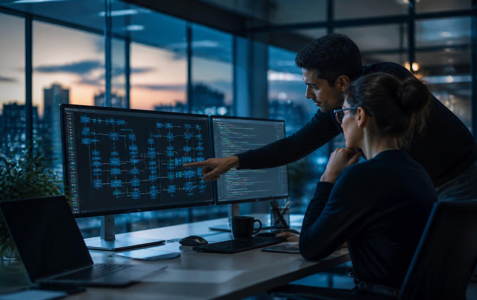 KOP BUILD engineers discussing a system architecture diagram on office monitors