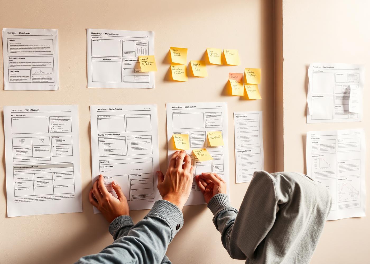 Designers reviewing printed interface wireframes and annotated notes on a studio wall