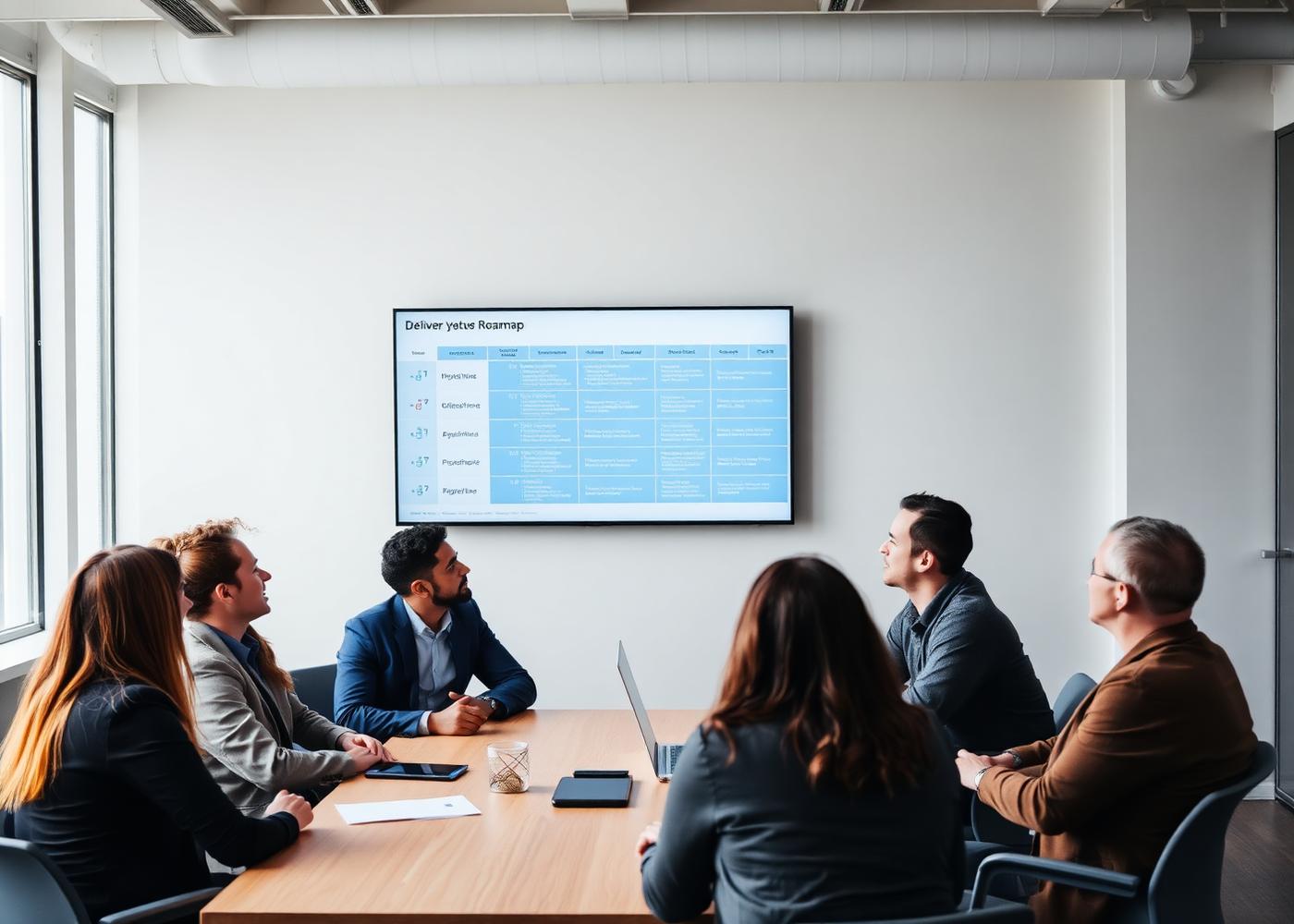 Mixed engineering and business team reviewing a project roadmap together in a meeting room